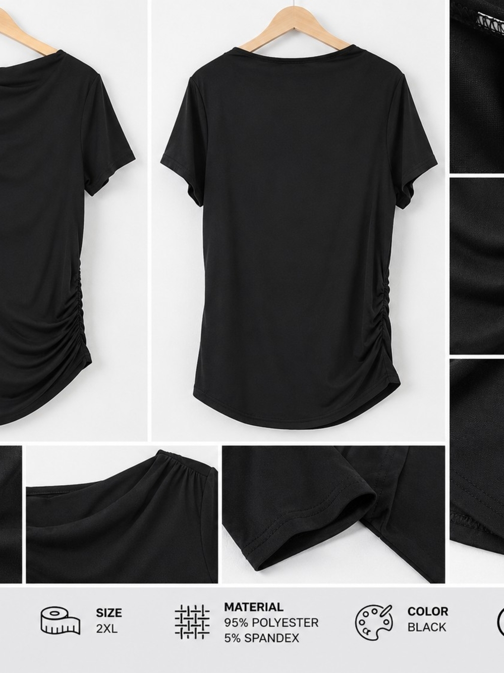 SHEIN Curve Women's Black Ruched Asymmetrical Short Sleeve Top 2XL